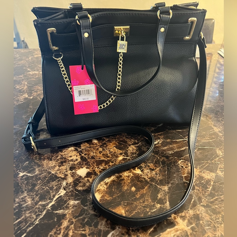 JUICY COUTURE BLACK & GOLD LOCK & KEY SATCHEL HANDBAG 👜 13” X9.5”